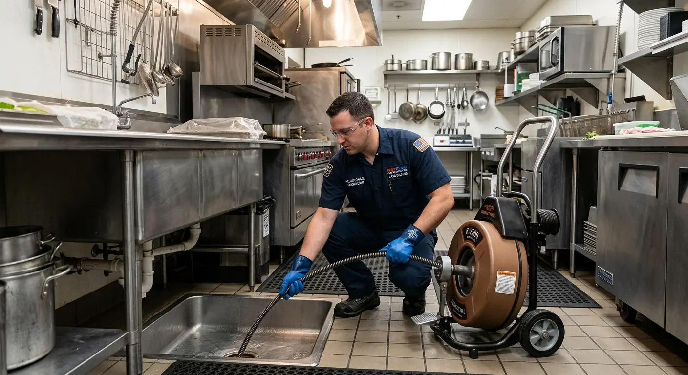 Commercial drain cleaning service in a restaurant kitchen in Radford