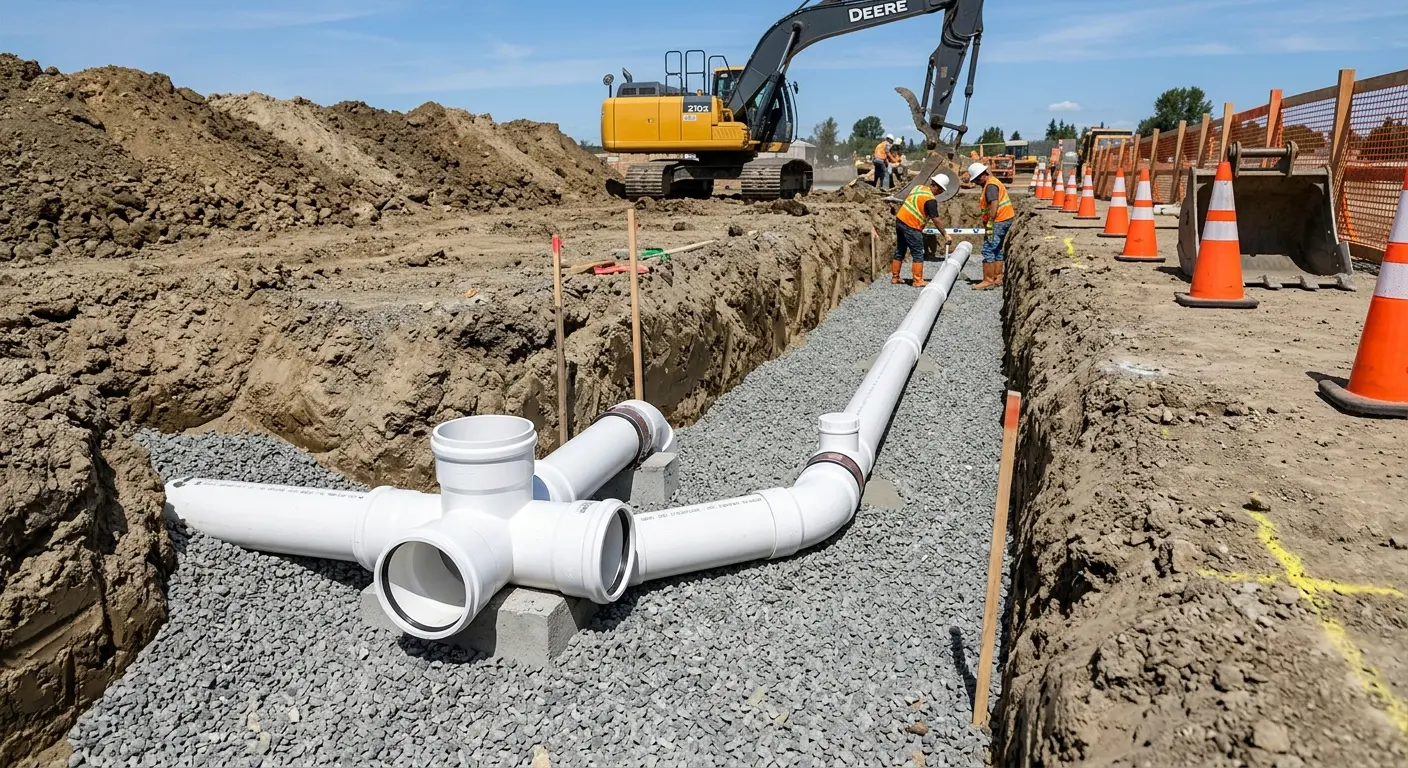New PVC sewer pipe installation in open trench for Sewer Backup in Radford