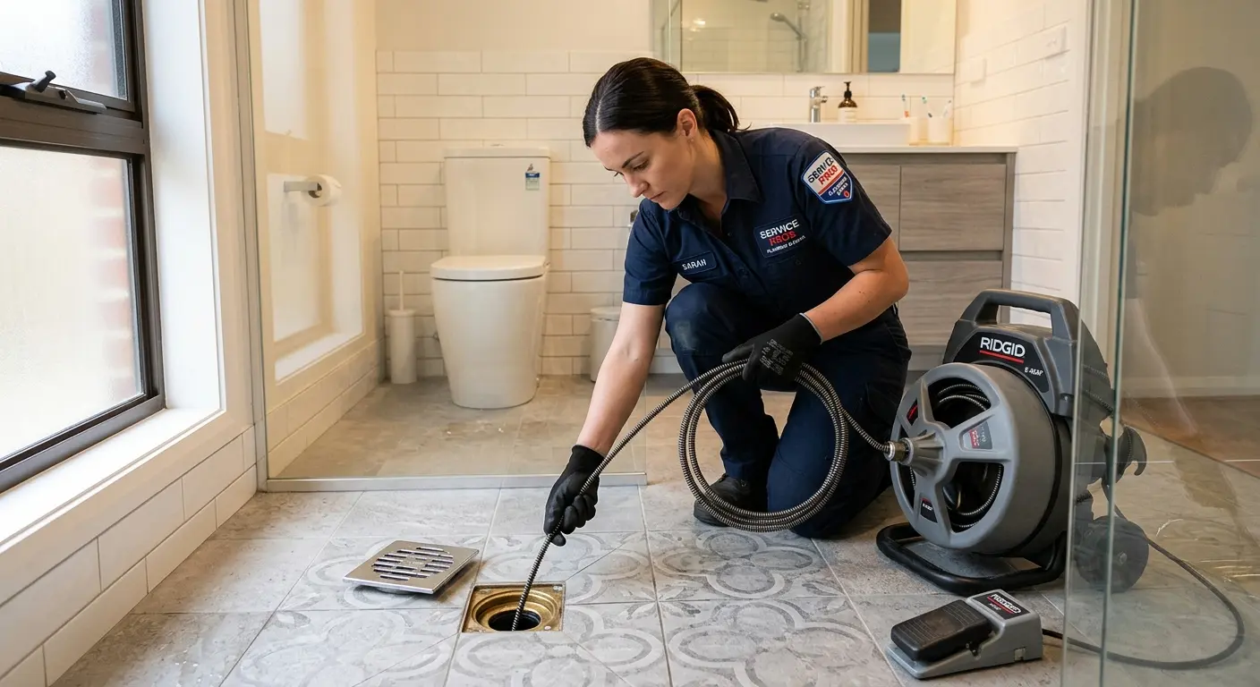 Technician clearing a bathroom floor drain for Drain Cleaning in Radford